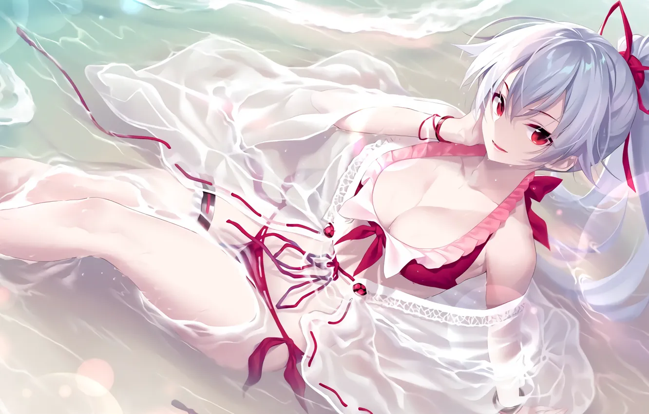 Photo wallpaper girl, sexy, cleavage, beach, long hair, sea, boobs, anime