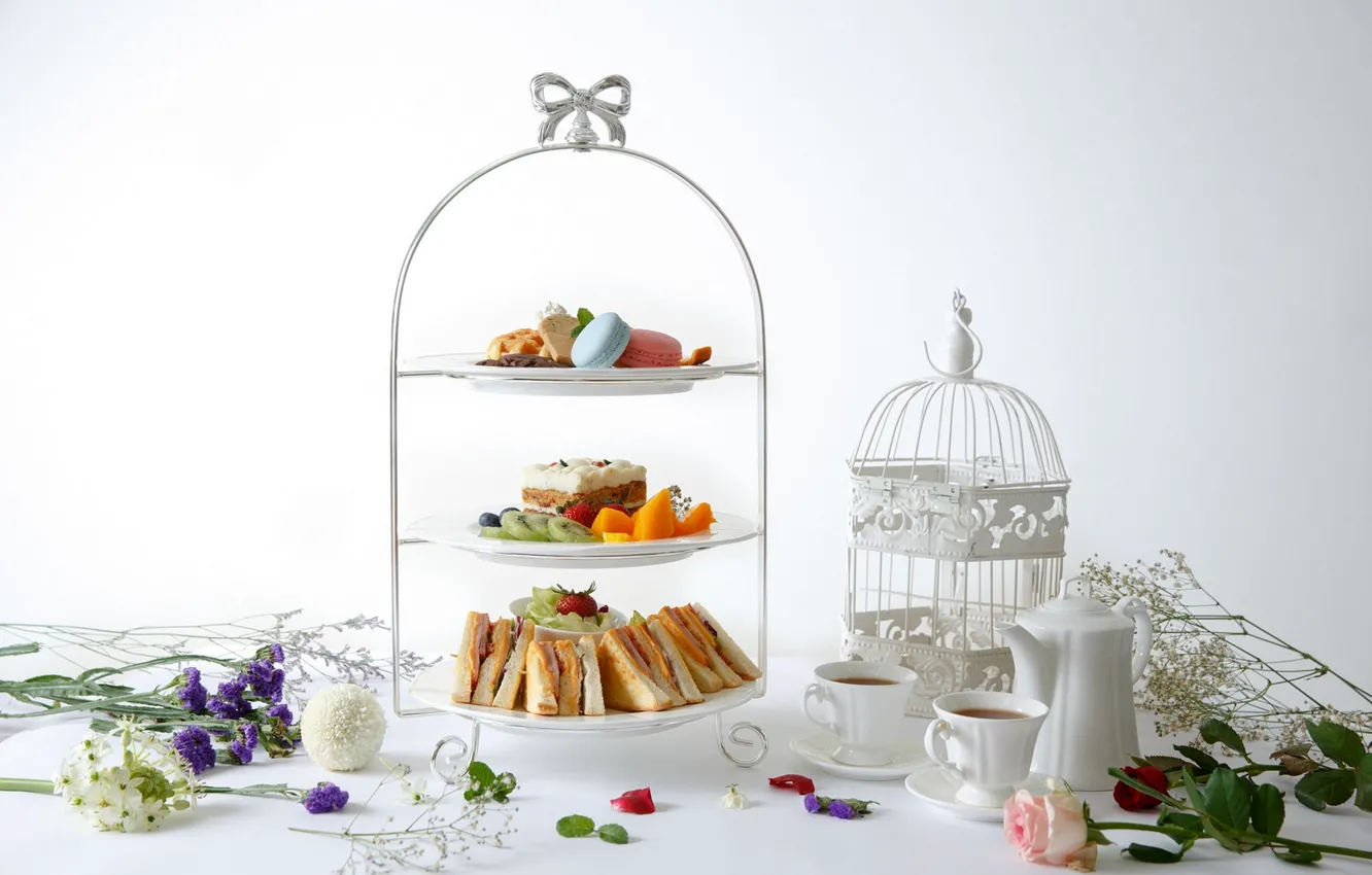 Photo wallpaper flowers, tea, cell, cake, dessert, sandwiches, cuts, macaroon