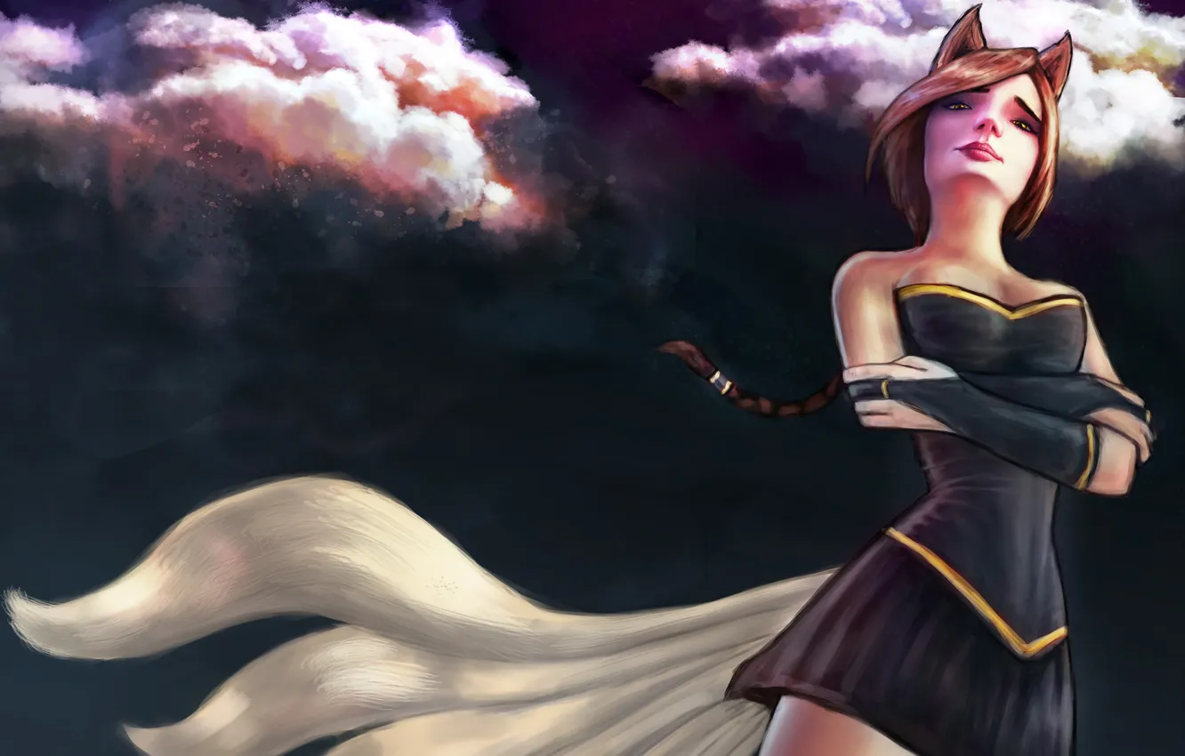 Photo wallpaper look, girl, smile, tail, braid, ears, art, Fox