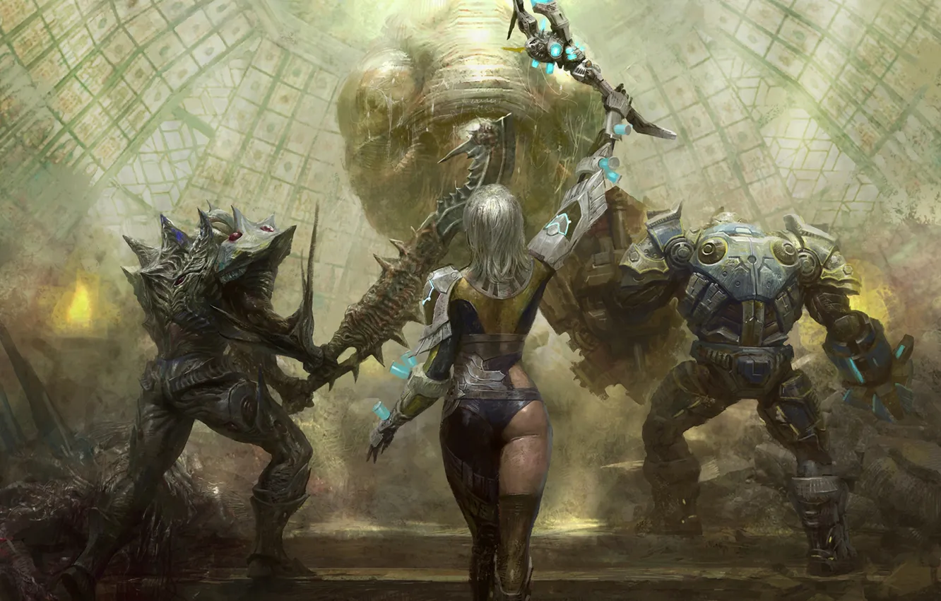 Photo wallpaper girl, monster, armor, warrior, stage, scepter