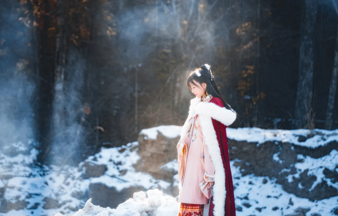 Photo wallpaper ice, trees, woman, beautiful, winter, snow, model, pretty