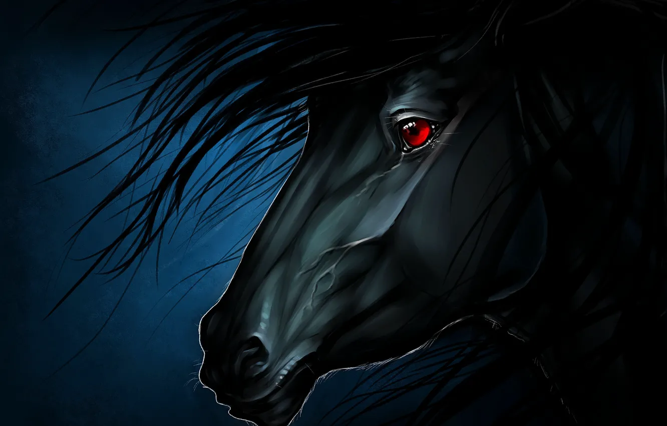 Photo wallpaper Black, Horse, Face, Mane, Art, The dark background, Red Eye