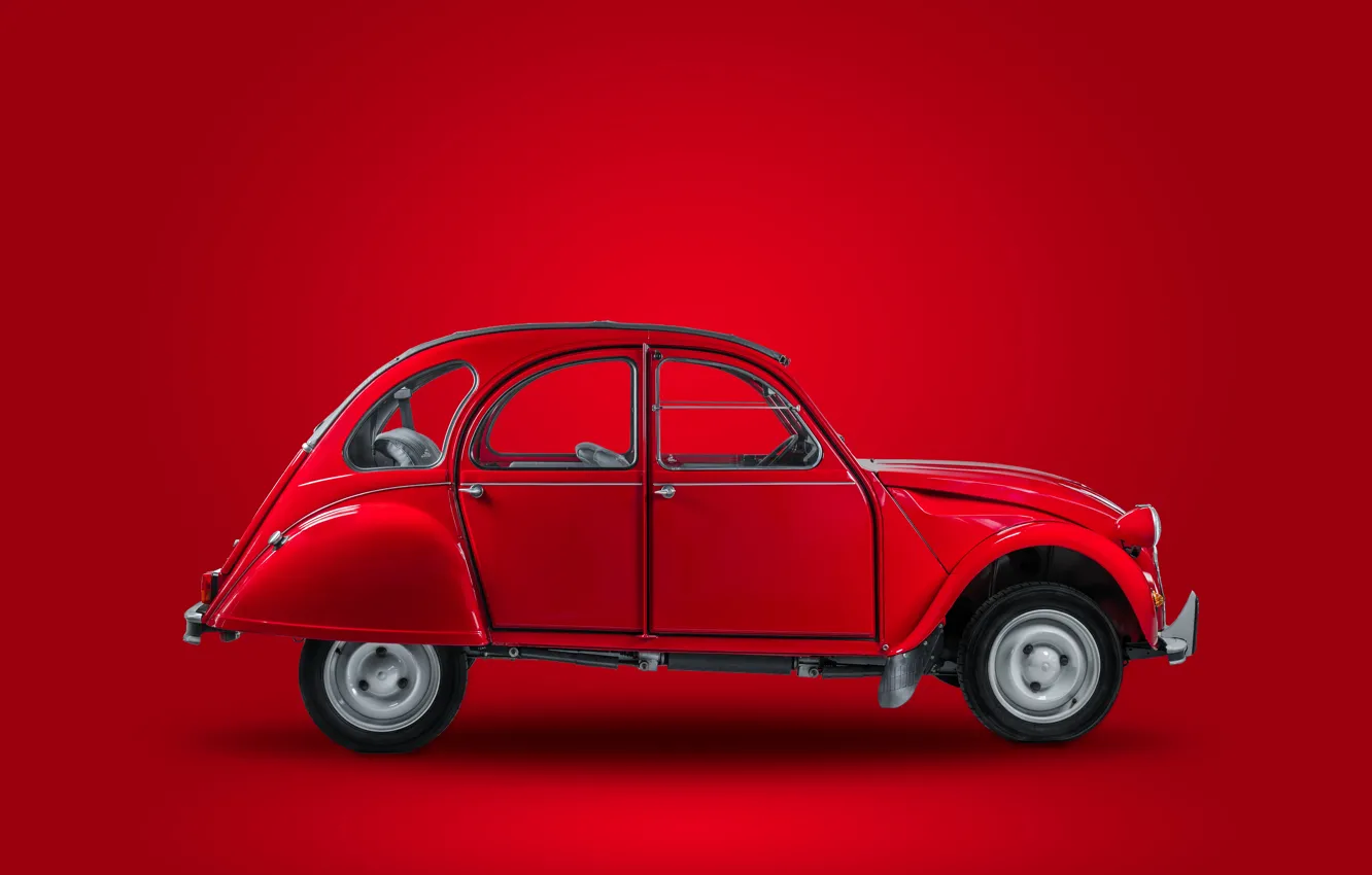 Photo wallpaper Red, Citroen, Side, 1988, Red background, An economical car, Economy car, Citroen 2CV6