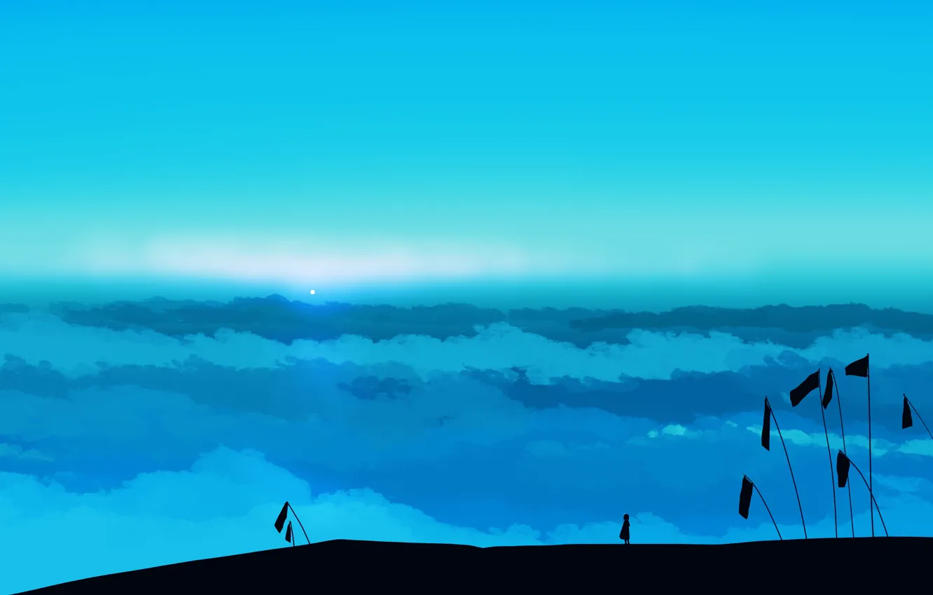 Photo wallpaper the sky, clouds, hills, flag, girl