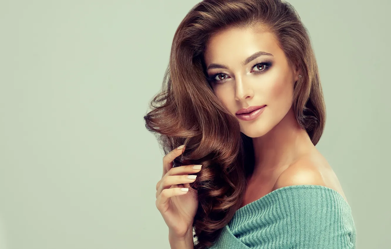 Photo wallpaper look, girl, pose, model, hair, makeup, brown hair, shoulders