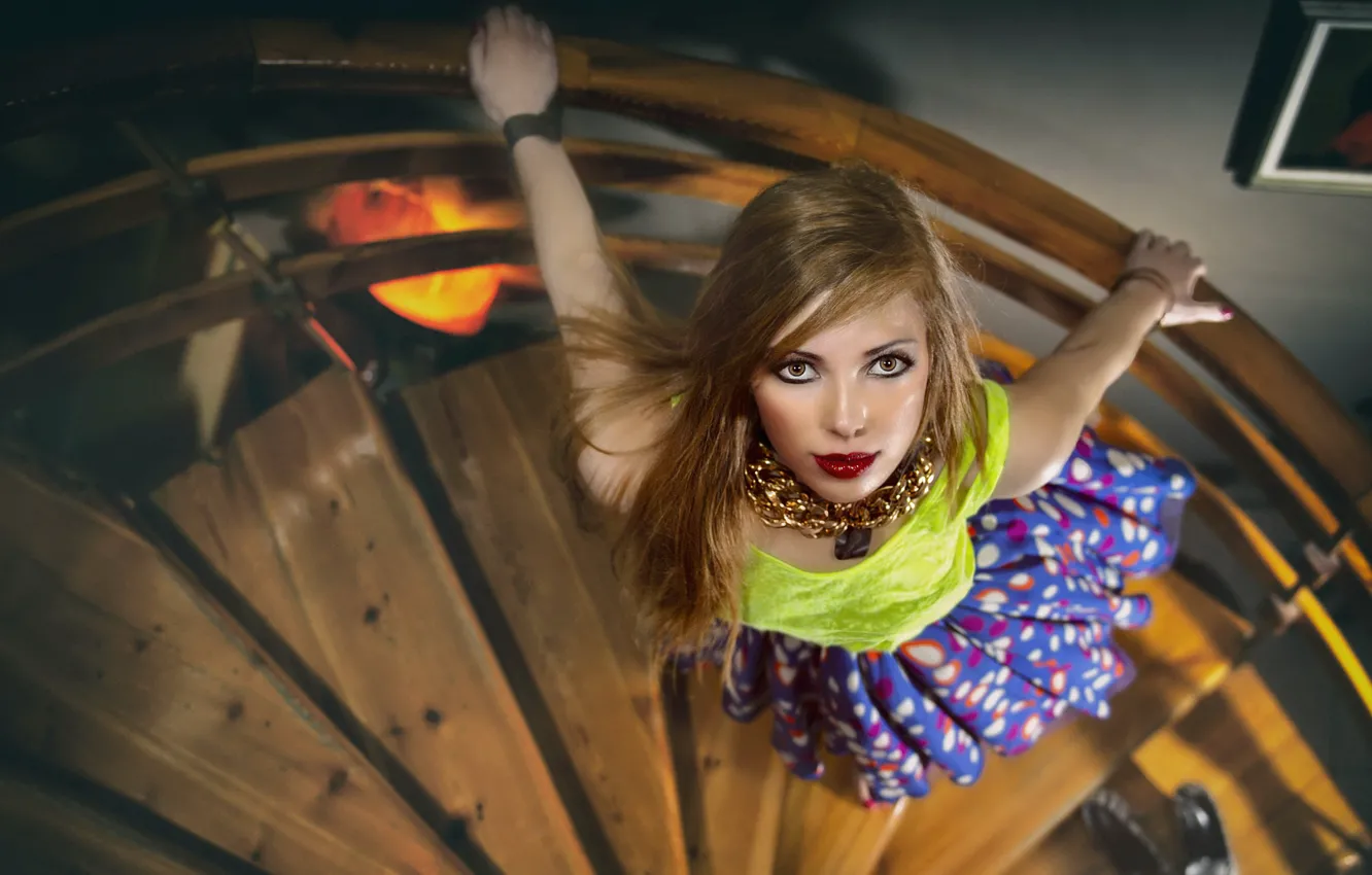 Photo wallpaper look, girl, ladder