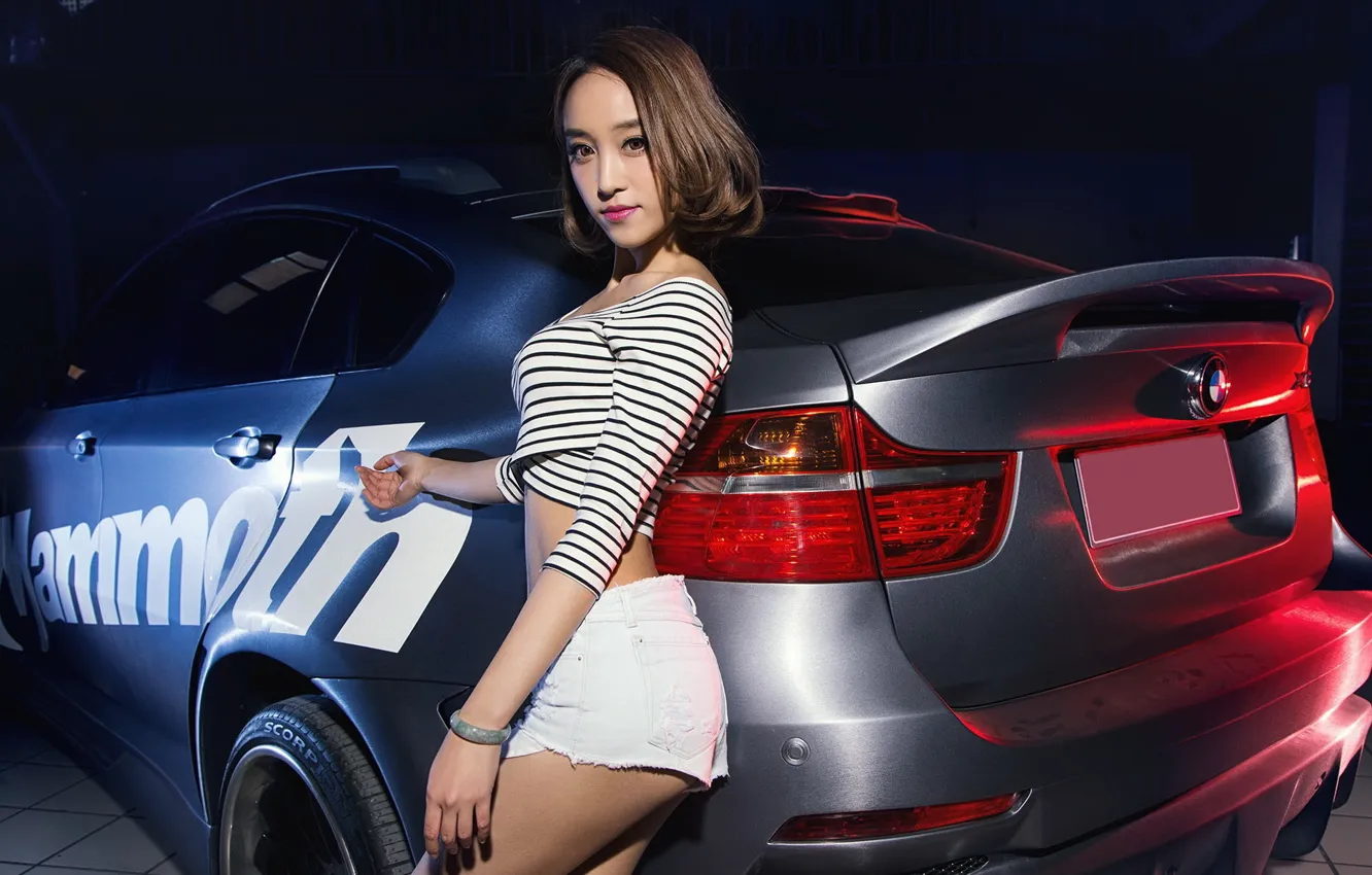 Photo wallpaper auto, look, Girls, BMW, beautiful girl, is above the machine