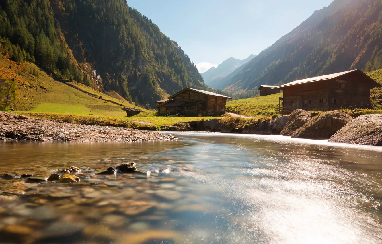 Photo wallpaper autumn, forest, light, mountains, river, stones, hills, shore