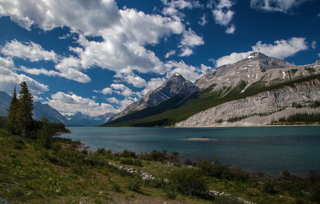 Photo wallpaper the sky, clouds, mountains, nature, river, Canada