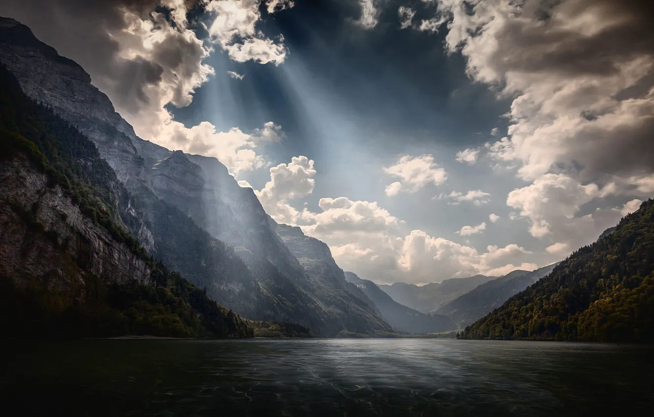 Photo wallpaper the sky, clouds, mountains, lake