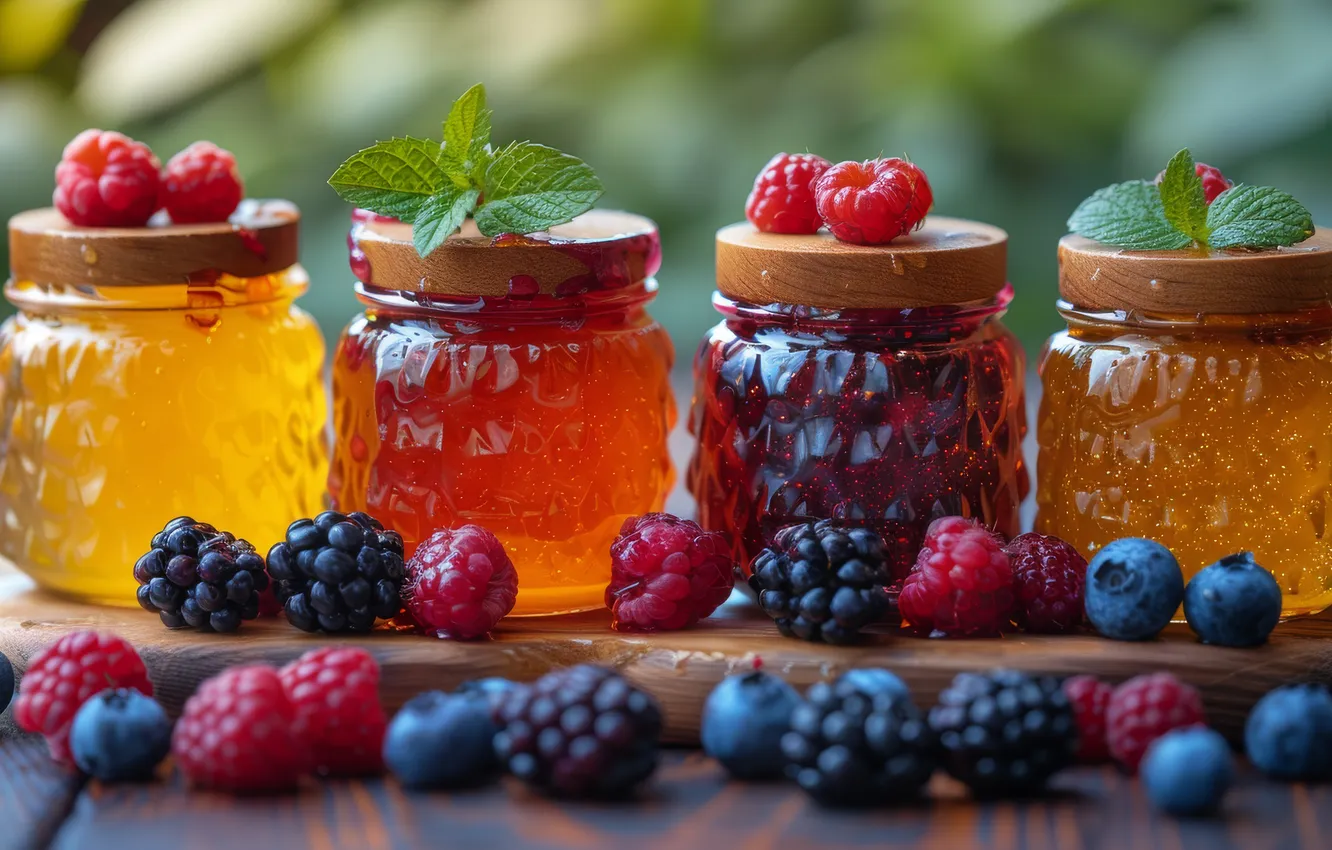 Photo wallpaper summer, light, berries, raspberry, Board, blueberries, honey, jars