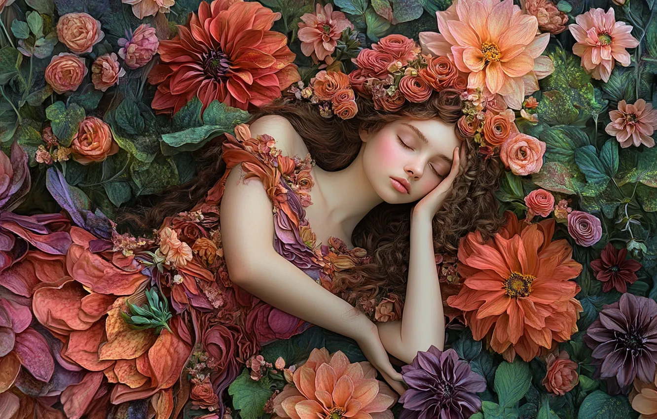 Photo wallpaper girl, flowers, orange, red, pose, sleep, hands, garden