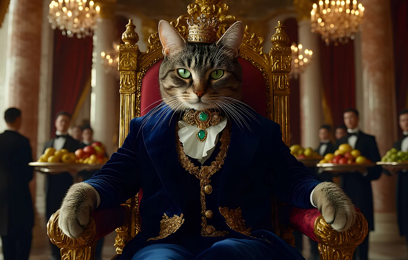 Photo wallpaper cat, look, king, the throne, servants, hall of the Palace