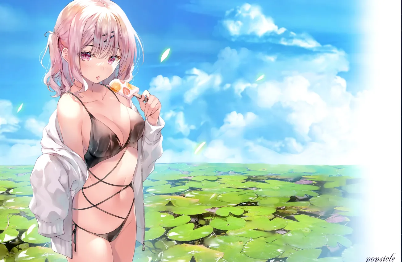 Photo wallpaper pink hair, clouds, bikini, anime girls, open mouth, looking at viewer, miwabe sakura, hair ornament