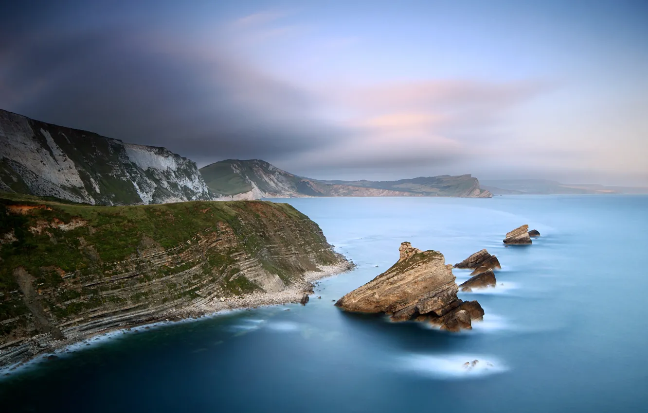 Photo wallpaper sea, stones, rocks, coast, haze, twilight