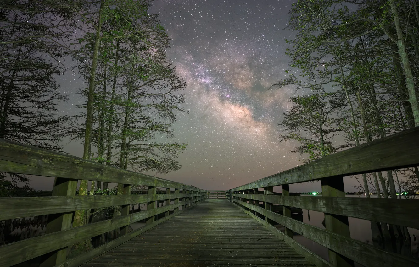 Photo wallpaper night, bridge, the milky way
