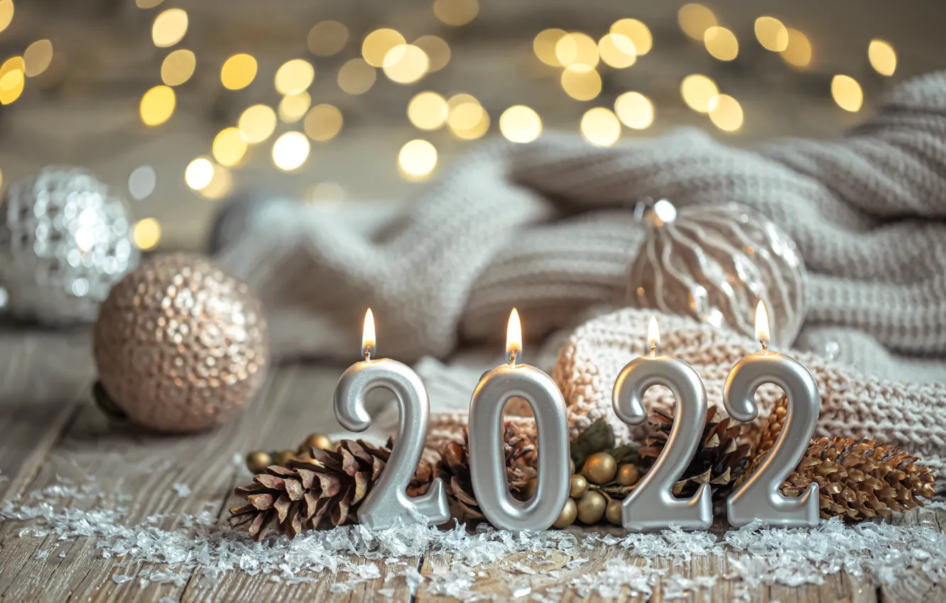 Photo wallpaper balls, glare, candles, Christmas, New year, bumps, 2022
