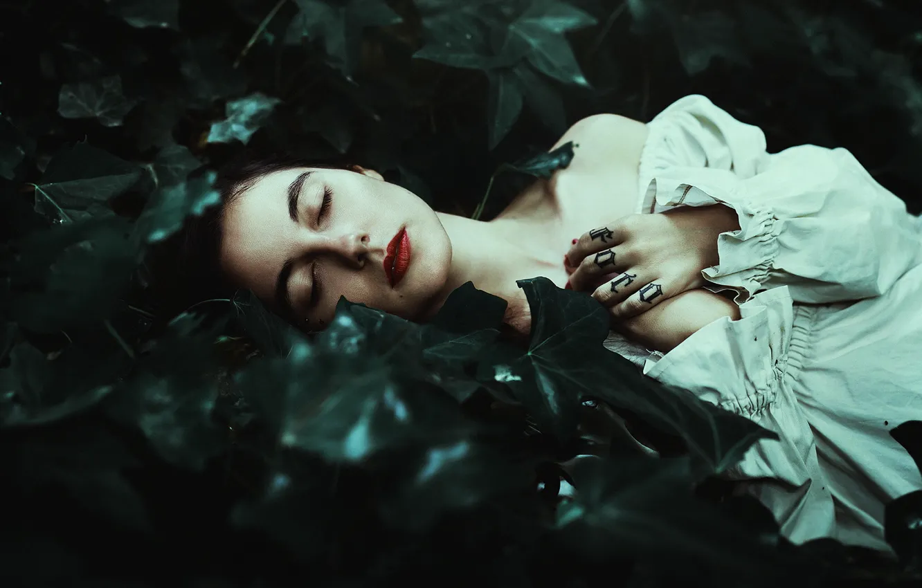 Photo wallpaper forest, girl, letters, thickets, the inscription, dress, tattoo, lies