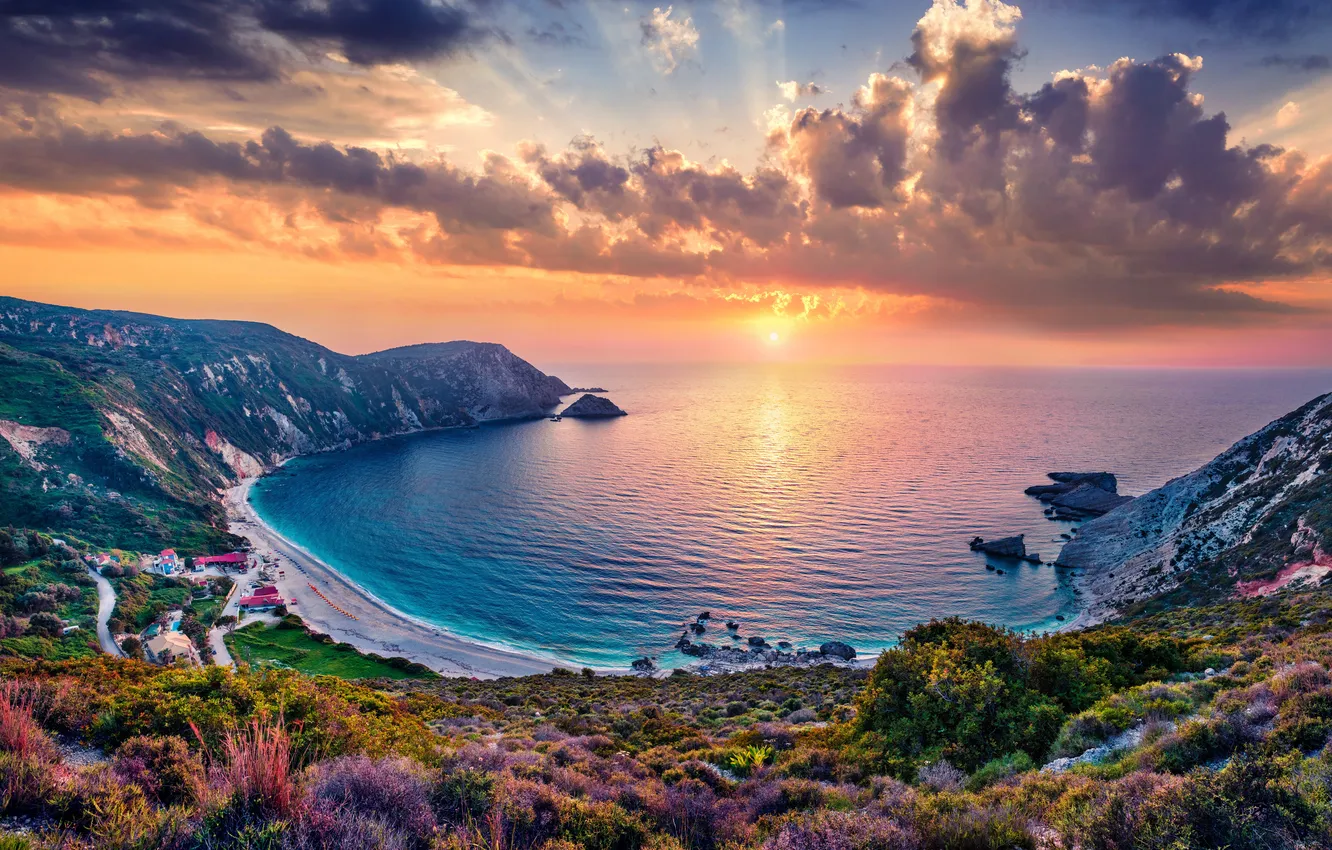 Photo wallpaper sea, beach, the sky, the sun, clouds, sunset, rocks, shore