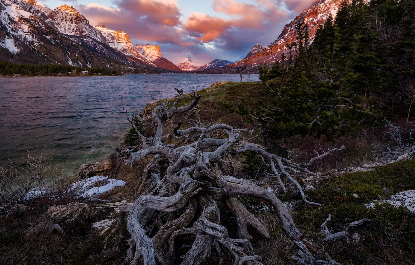 Photo wallpaper clouds, landscape, mountains, nature, lake, morning, Montana, USA