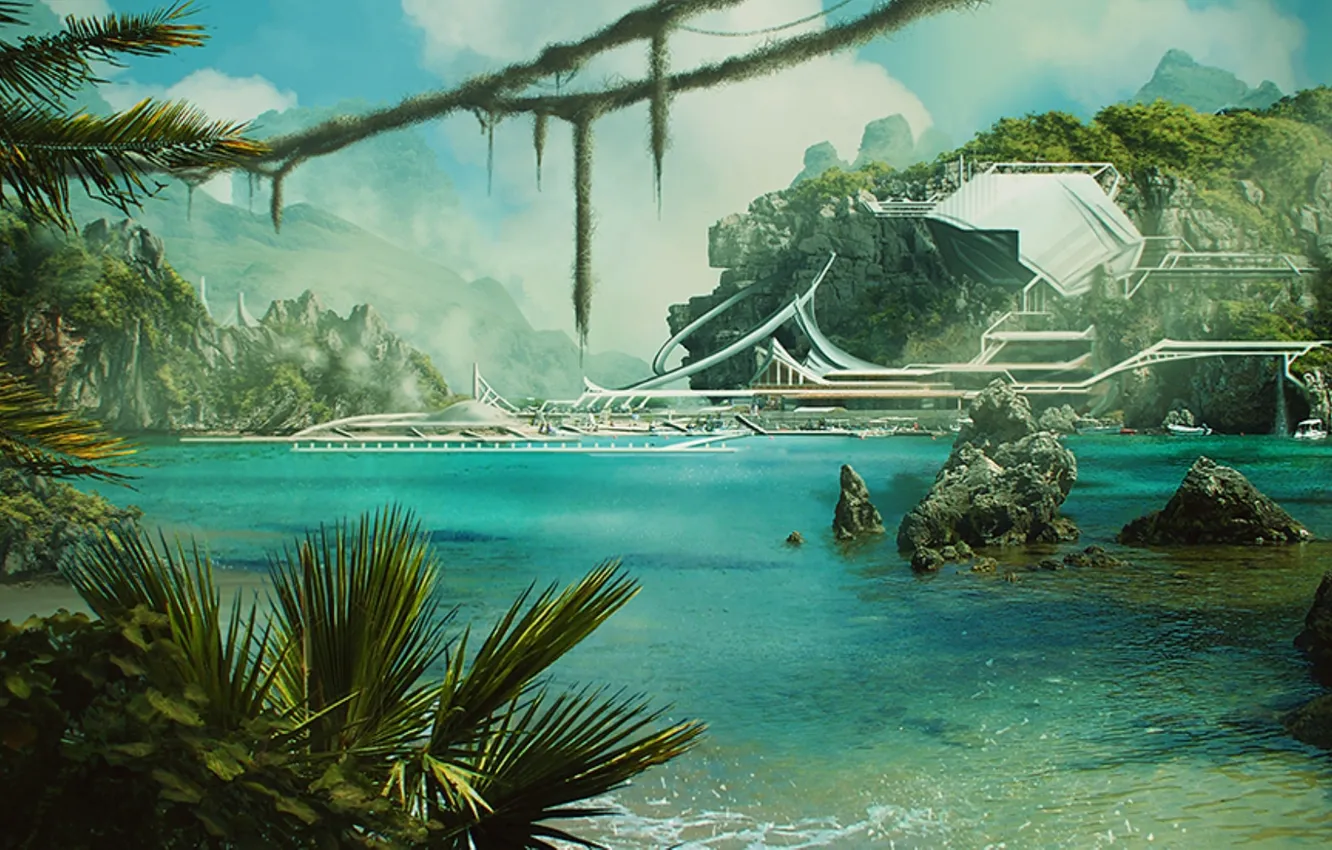 Photo wallpaper mountains, rocks, waterfall, palms. water, sci fi jungle