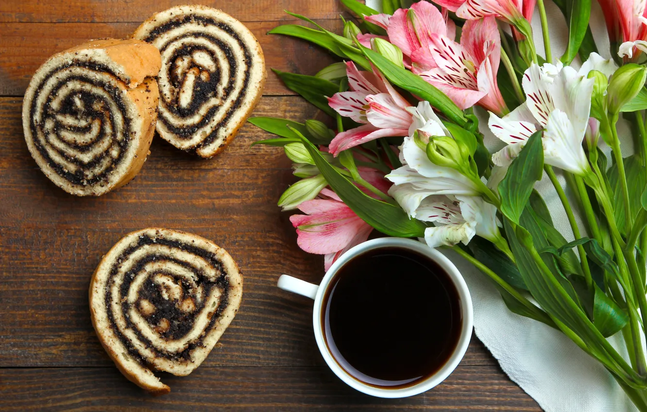 Photo wallpaper flowers, Mac, coffee, bouquet, Cup, cakes, sweet, roll