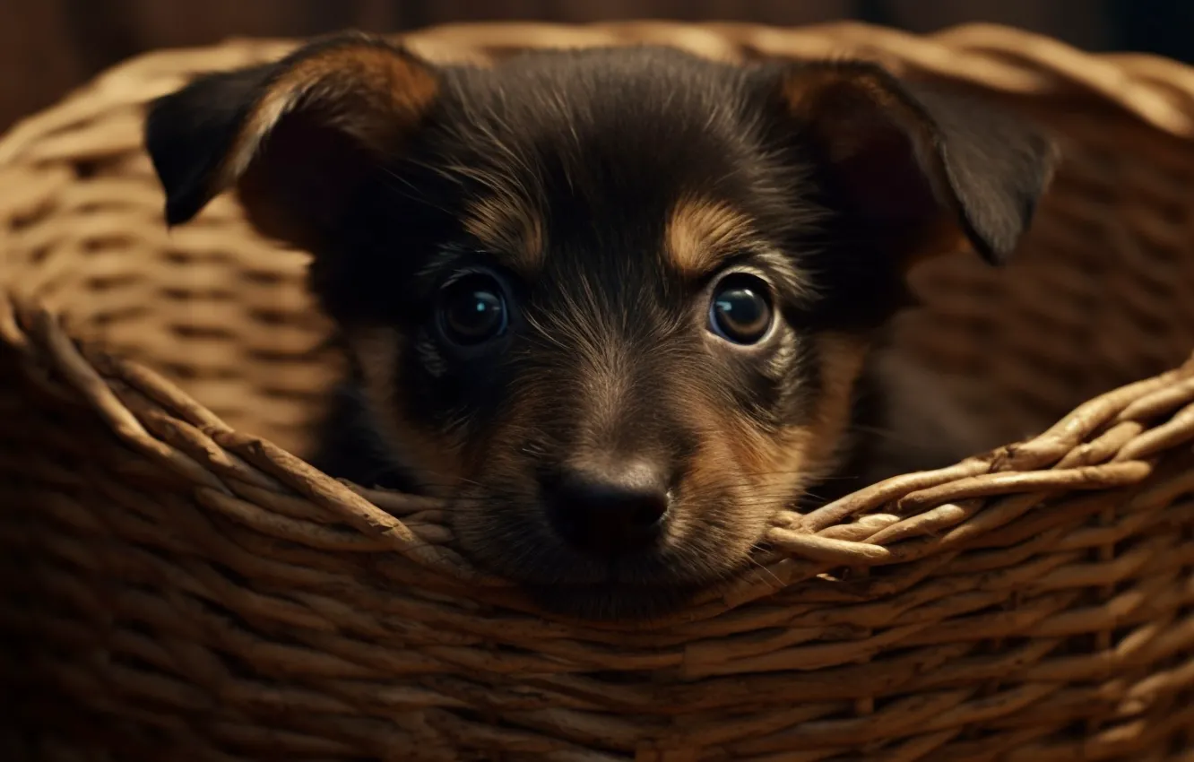 Photo wallpaper Dog, Look, Basket, Eyes, Puppy, Digital art, Face, AI art