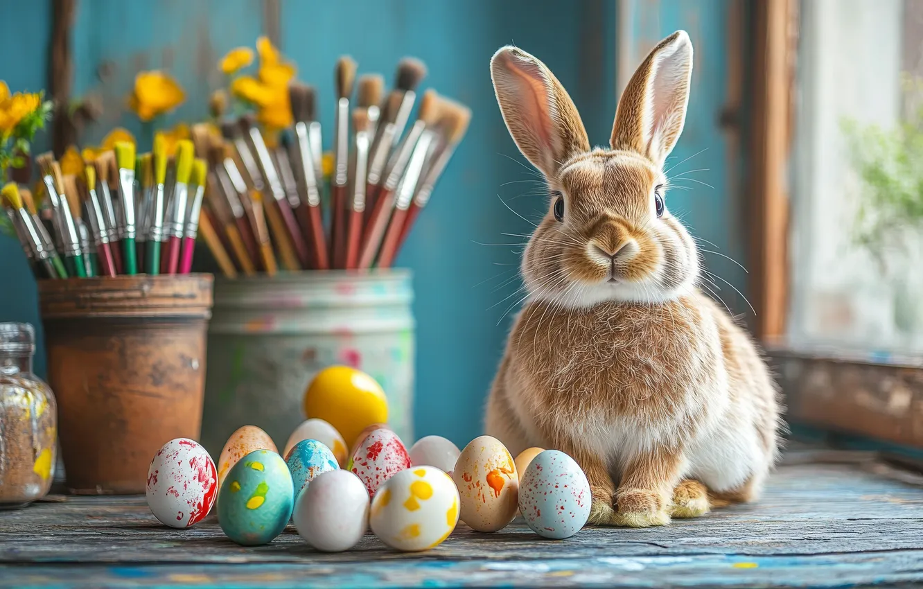 Photo wallpaper look, holiday, eggs, spring, rabbit, Easter, face, Bunny