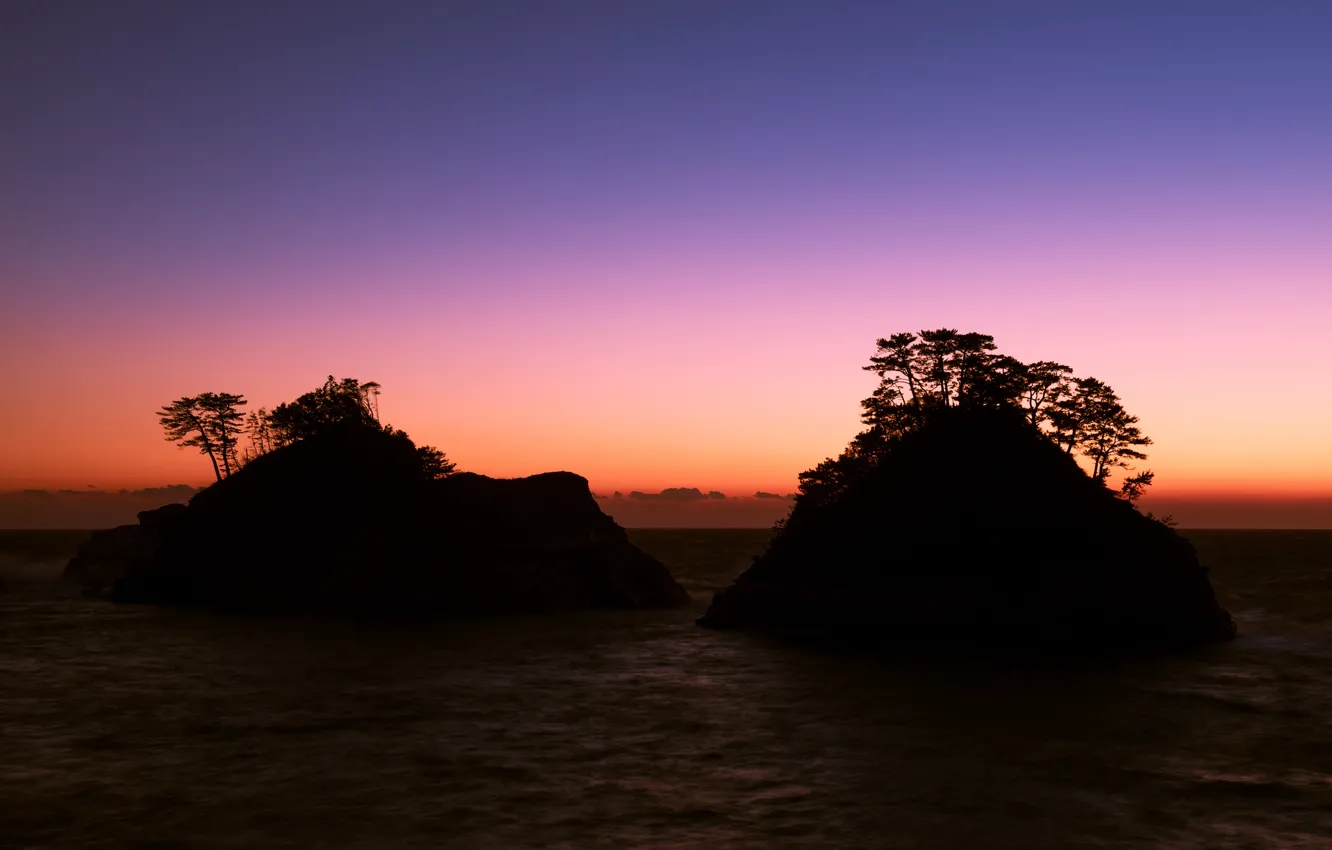 Photo wallpaper sea, the sky, trees, sunset, rocks, shore, the evening, Japan