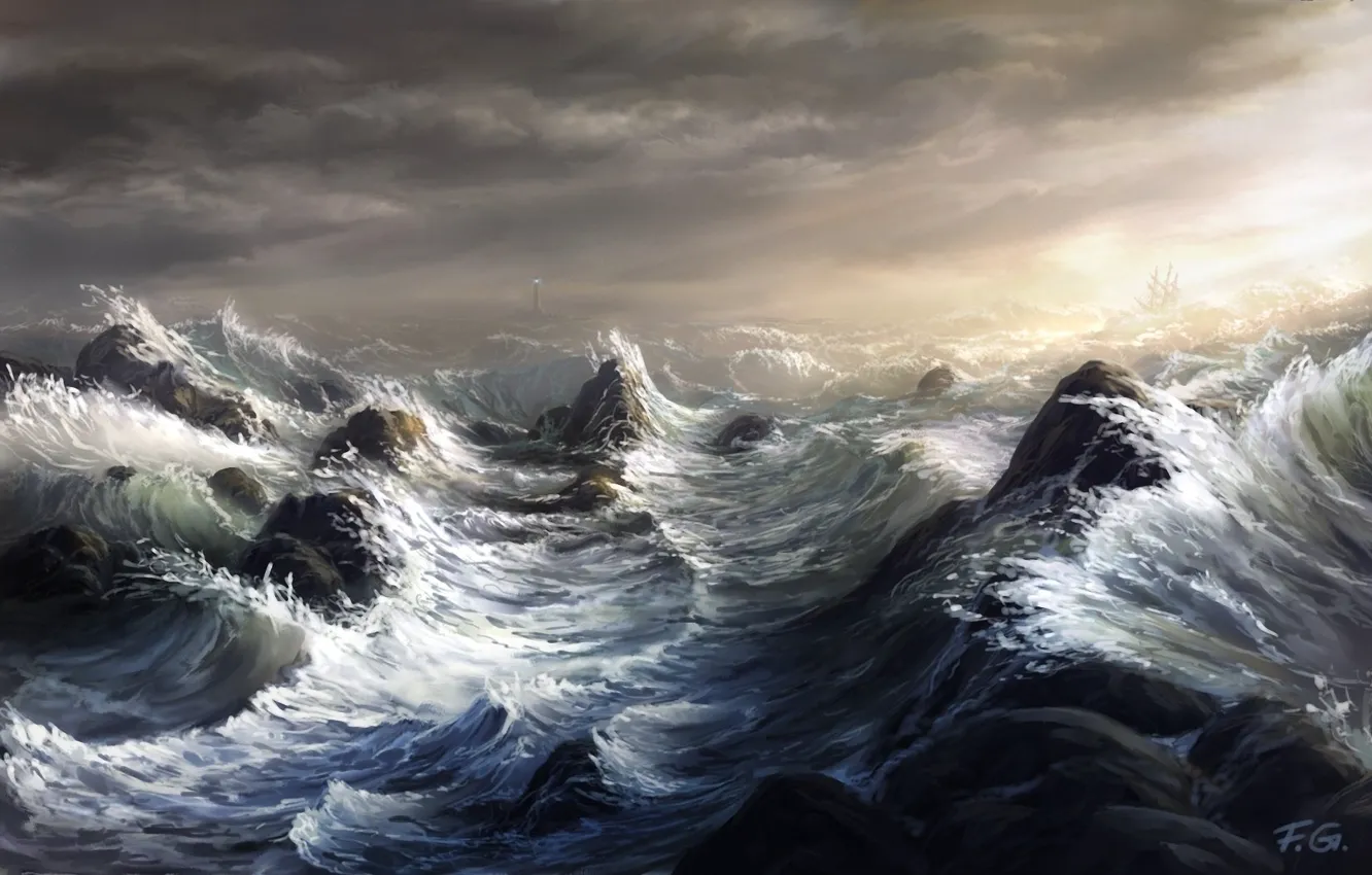 Photo wallpaper sea, wave, storm, rocks, lighthouse, ship, sailboat, art