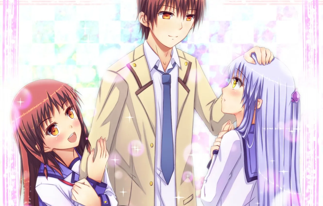 Photo wallpaper look, girl, smile, background, Shine, blush, guy, school uniform