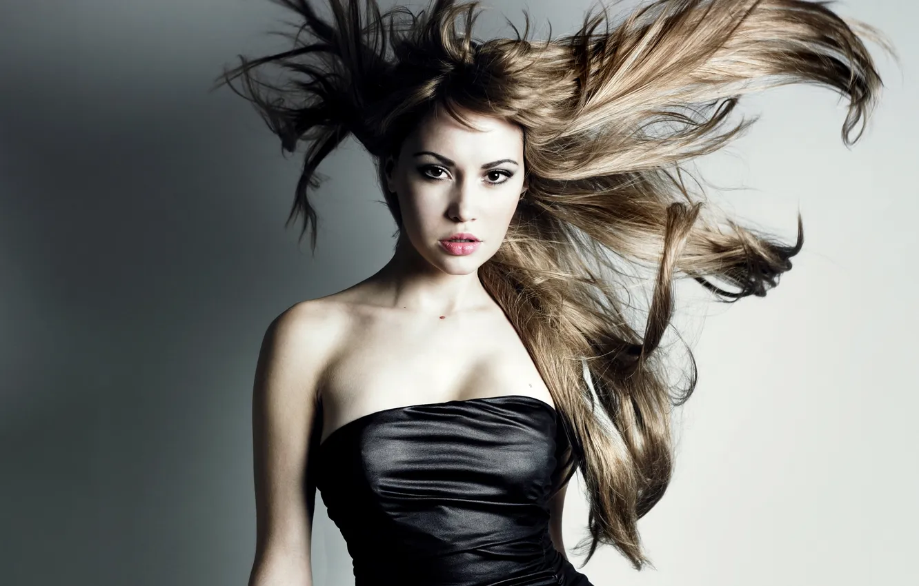 Photo wallpaper look, girl, face, hair, grey background, black dress
