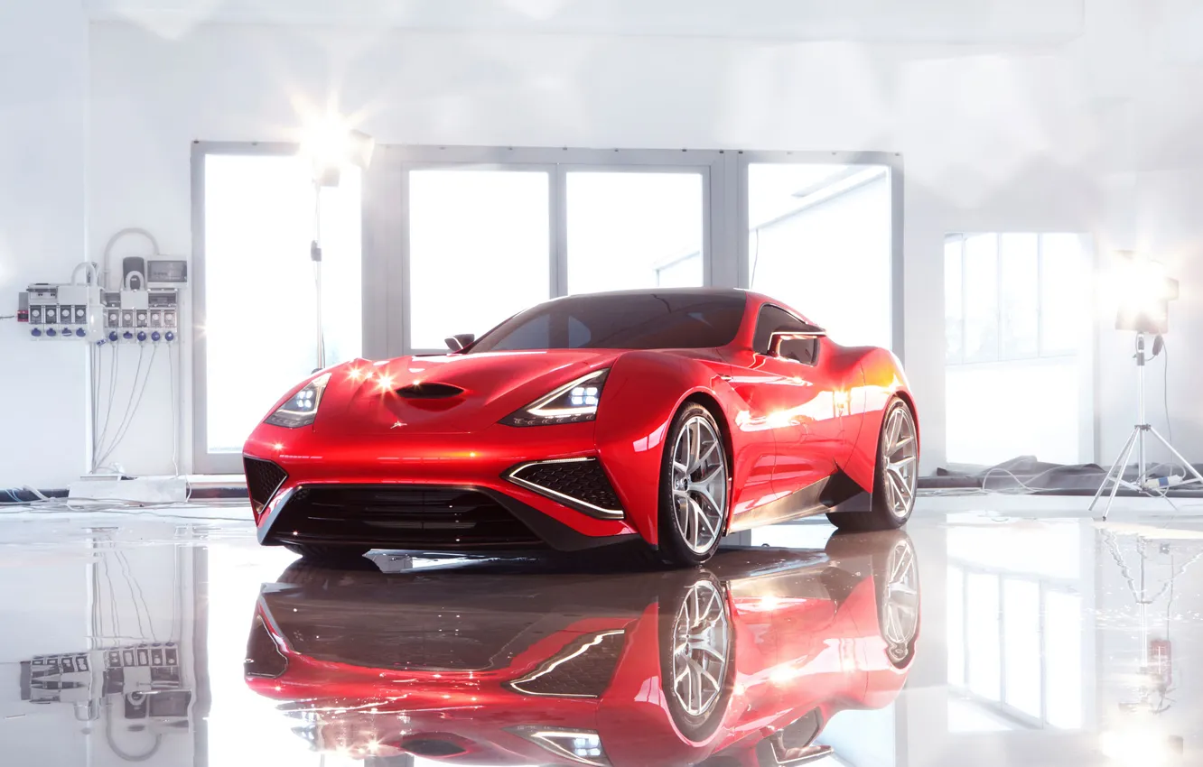 Photo wallpaper Red, Reflection, Auto, Machine, Lights, The front, Sports car, The room