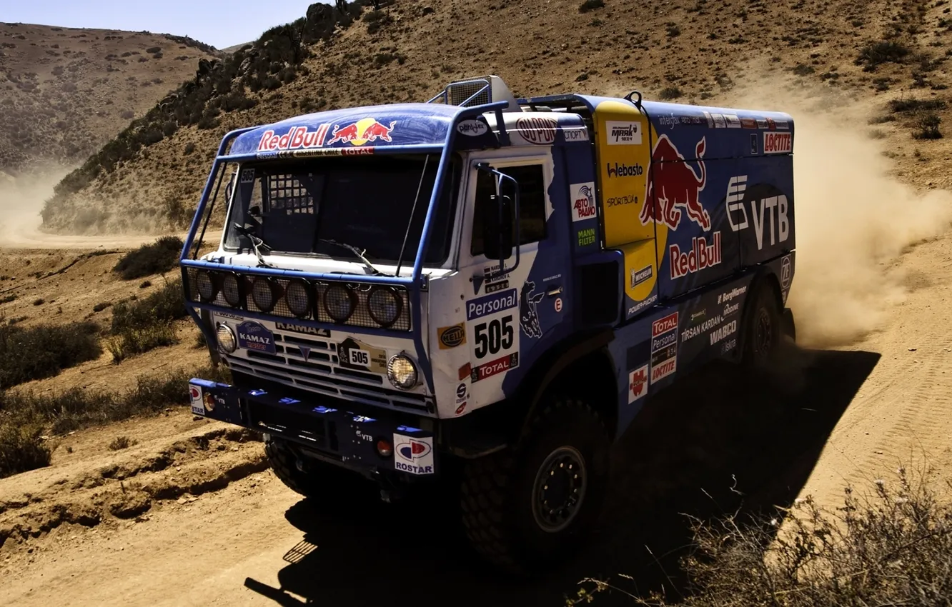 Photo wallpaper road, mountains, dust, Truck, the front, Kamaz, Dakar, Dakar