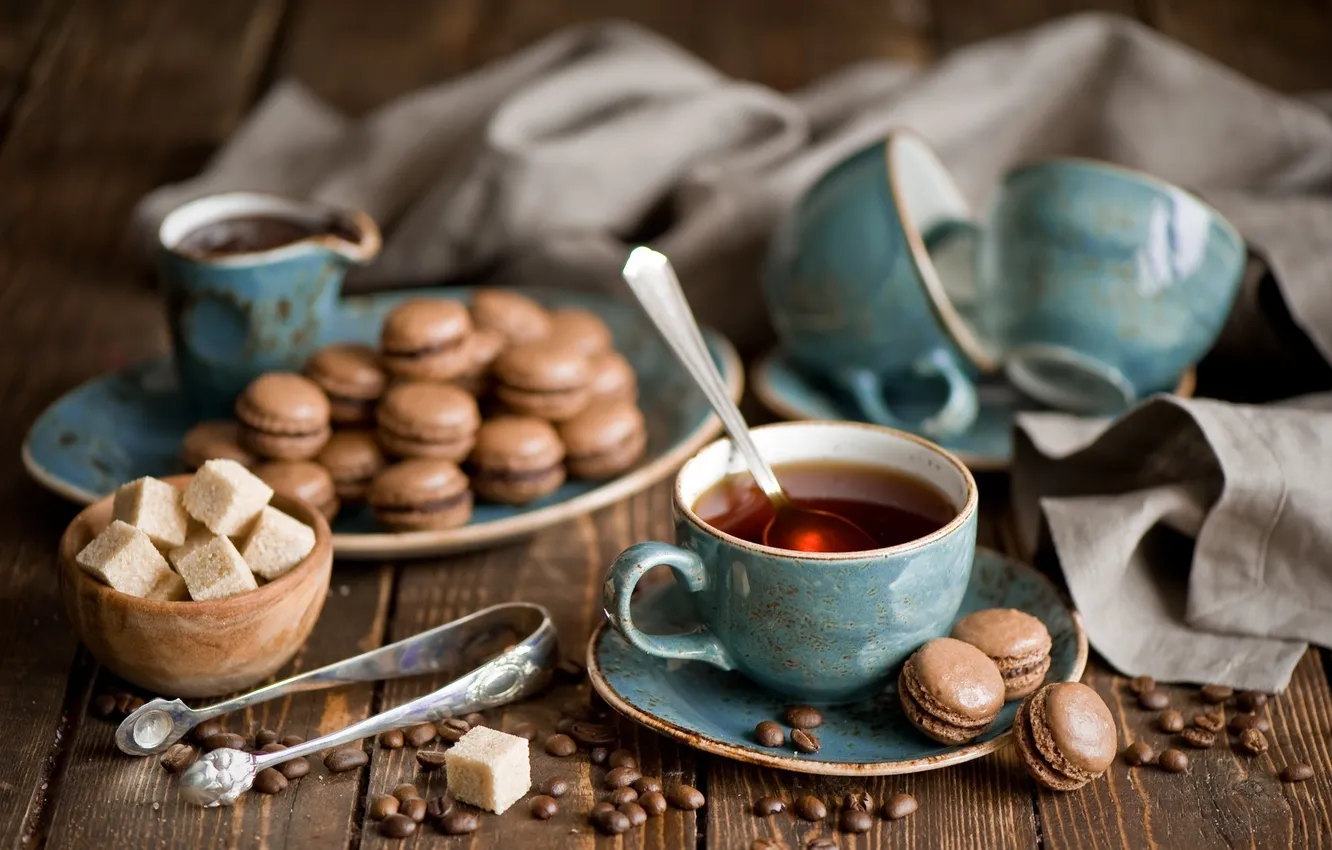 Photo wallpaper coffee, grain, cookies, spoon, mug, Cup, sugar, saucer
