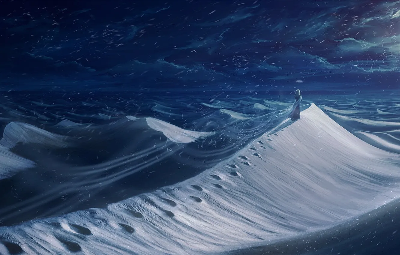 Photo wallpaper light, snow, traces, silhouette