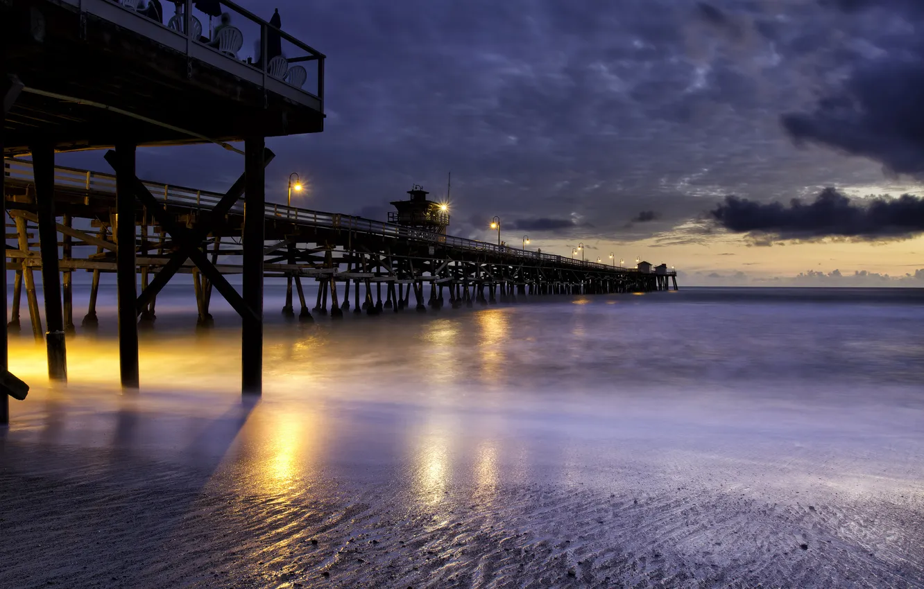 Photo wallpaper sea, lights, shore, the evening, a pleasure