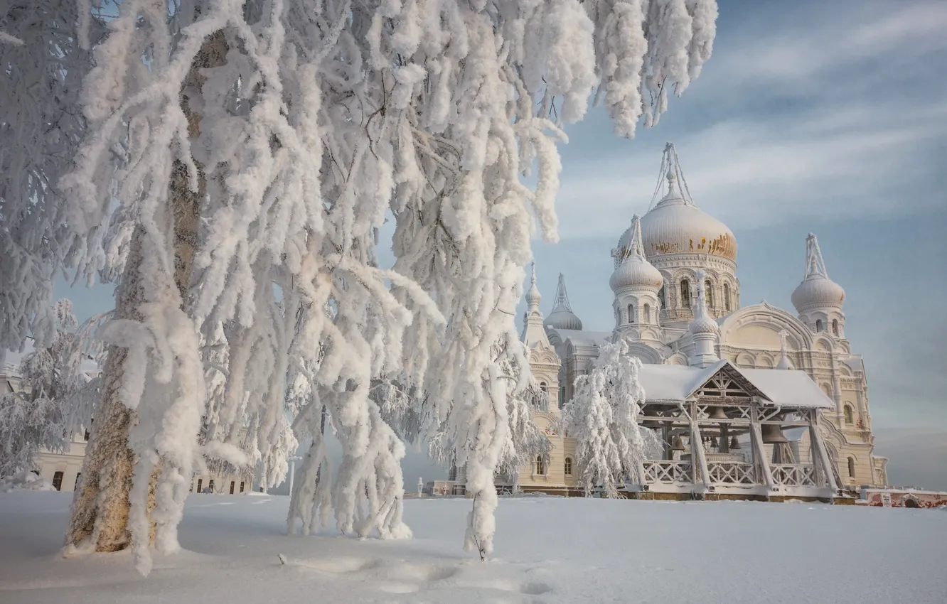 Photo wallpaper winter, snow, trees, landscape, temple, the monastery, Belogorye, Perm Krai