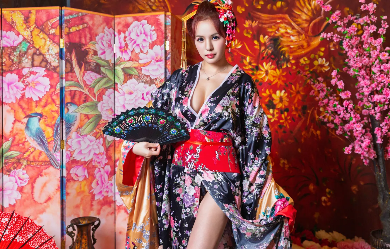 Photo wallpaper girl, pose, fan, screen, kimono, Asian