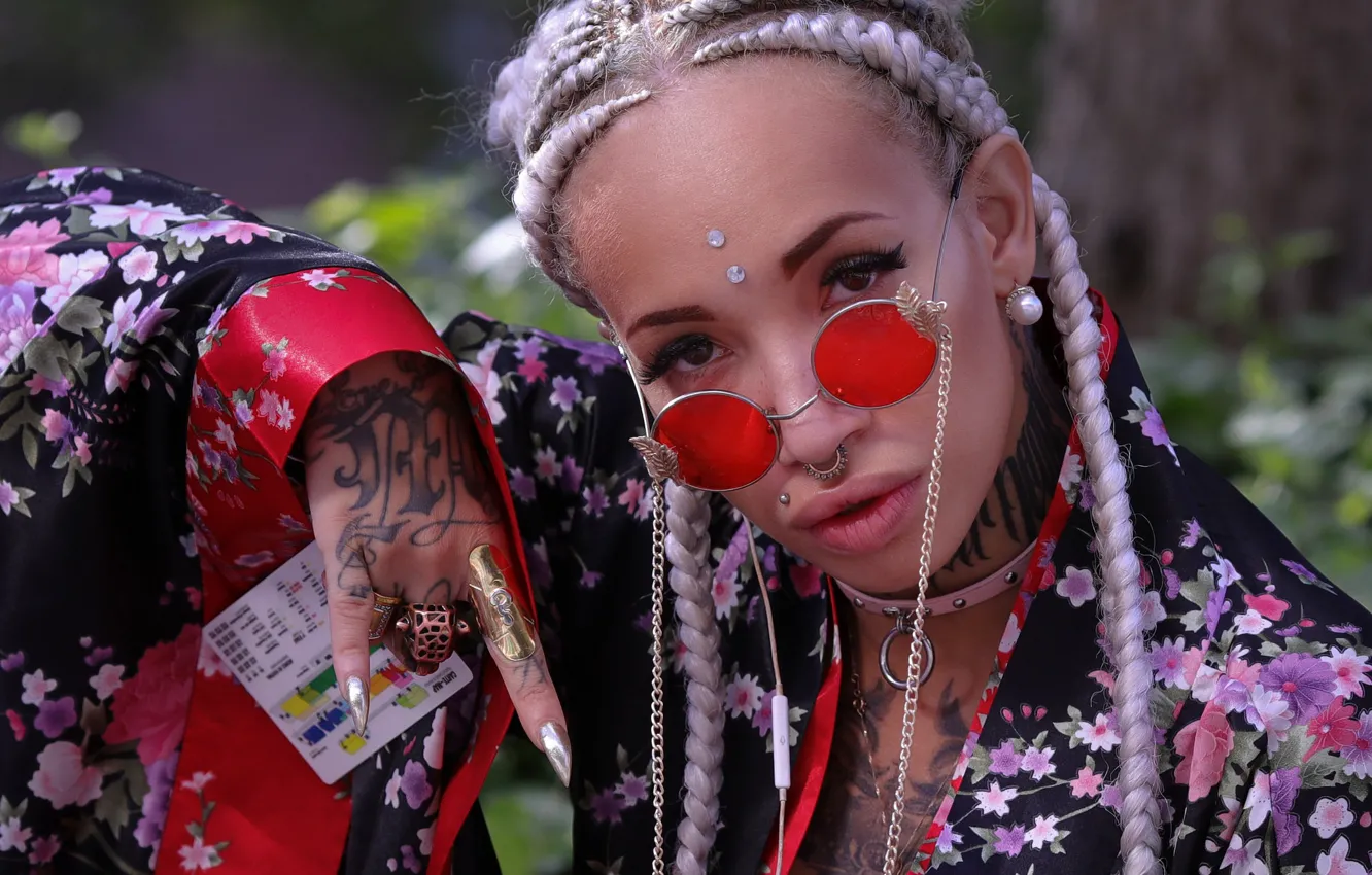 Photo wallpaper look, girl, face, style, hair, ring, glasses, tattoo