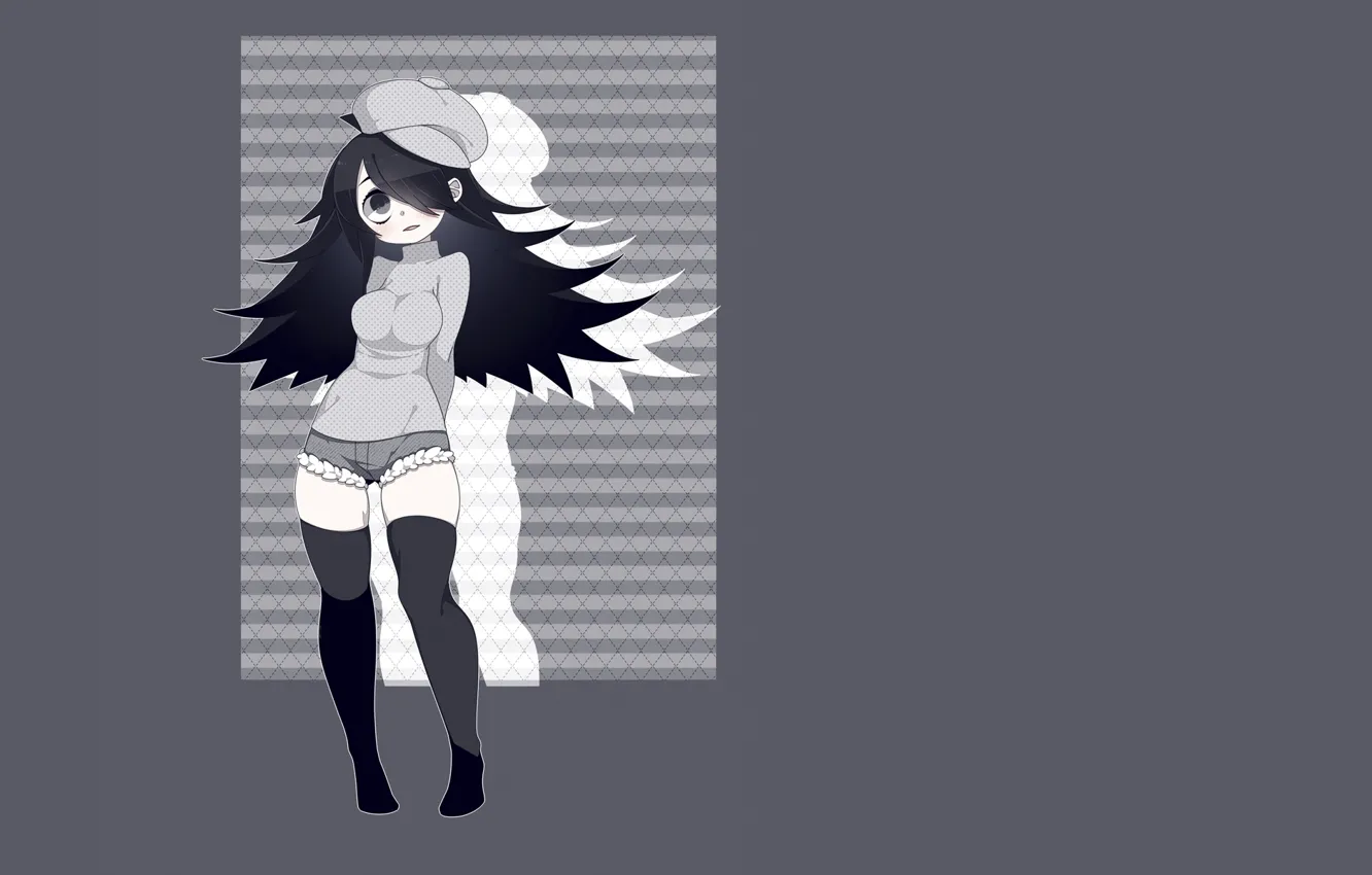 Photo wallpaper girl, shorts, surprise, stockings, is, grey background, black hair