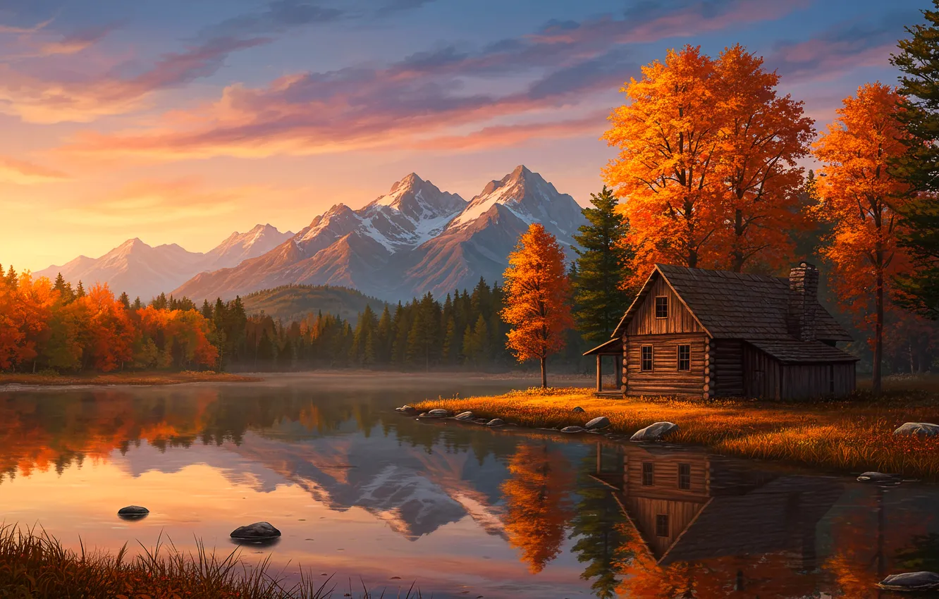 Photo wallpaper trees, mountains, house, river