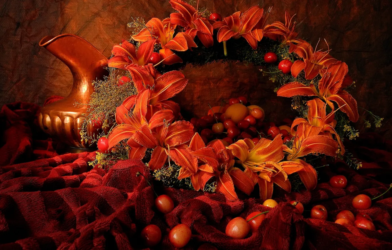 Photo wallpaper berries, Lily, pitcher, still life, wreath, cherry
