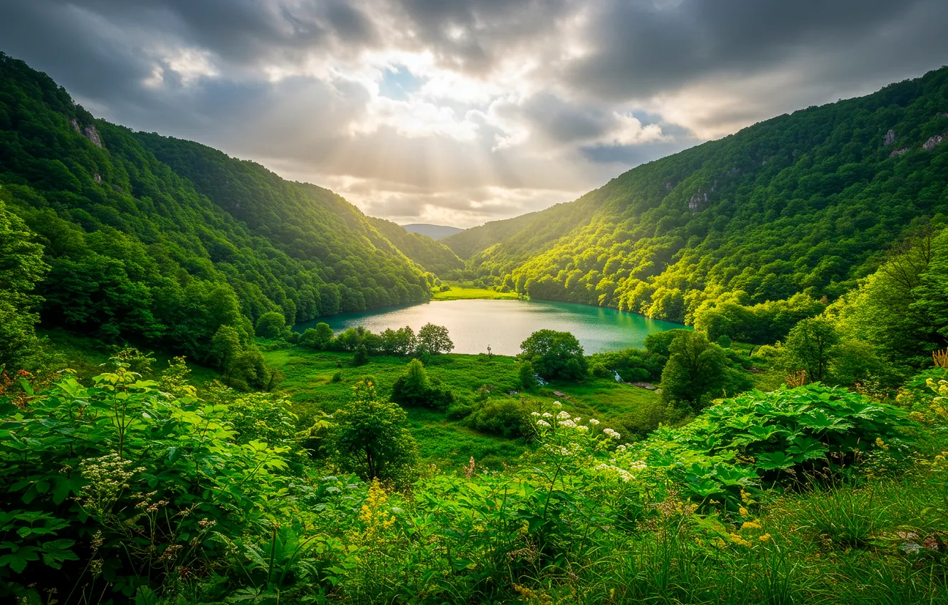 Photo wallpaper the sky, grass, clouds, trees, mountains, nature, lake, Wallpaper