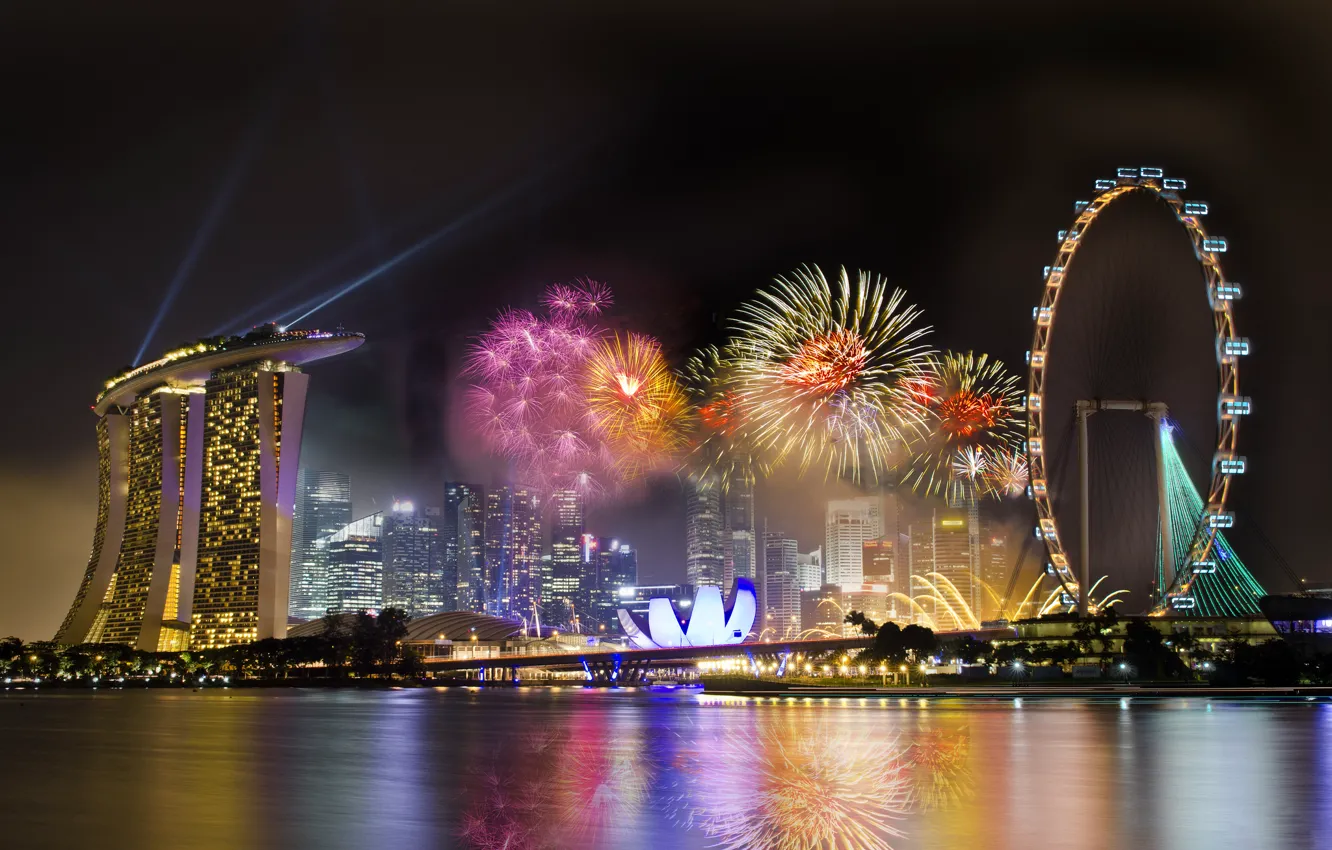 Photo wallpaper the sky, night, the city, holiday, wheel, Singapore, the hotel, fireworks
