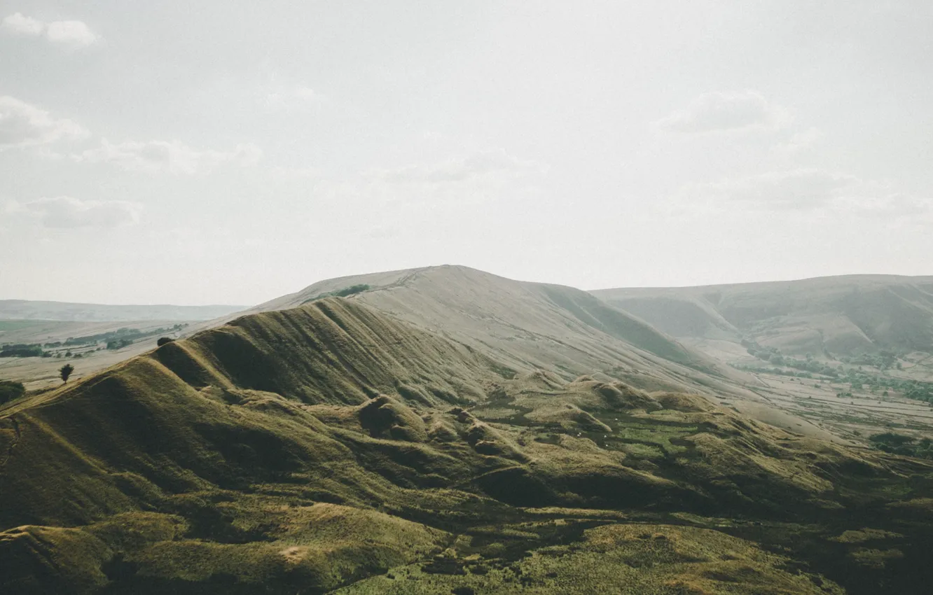 Photo wallpaper greens, clouds, the steppe, hills