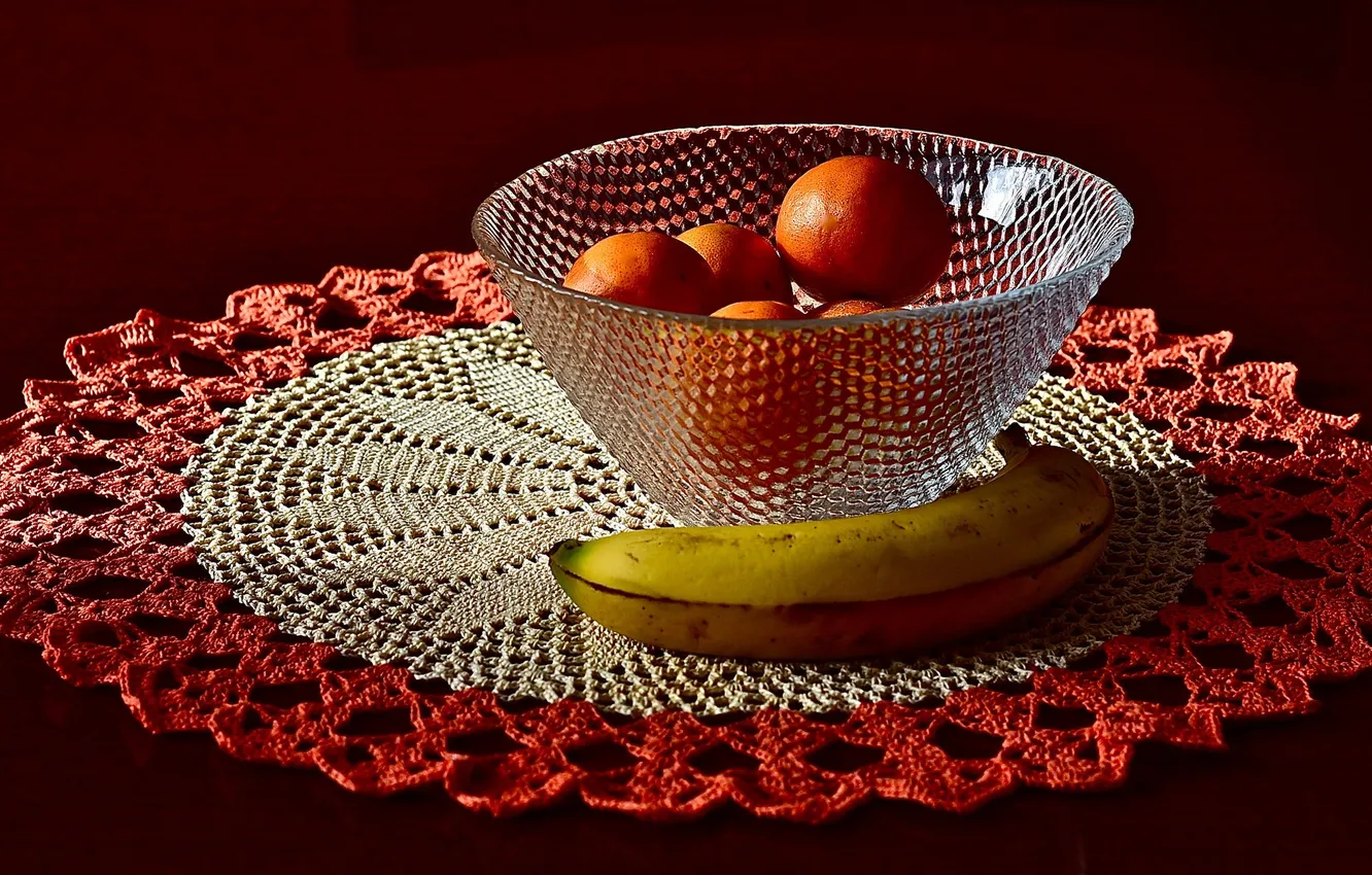 Photo wallpaper bananas, napkin, tangerines, vase