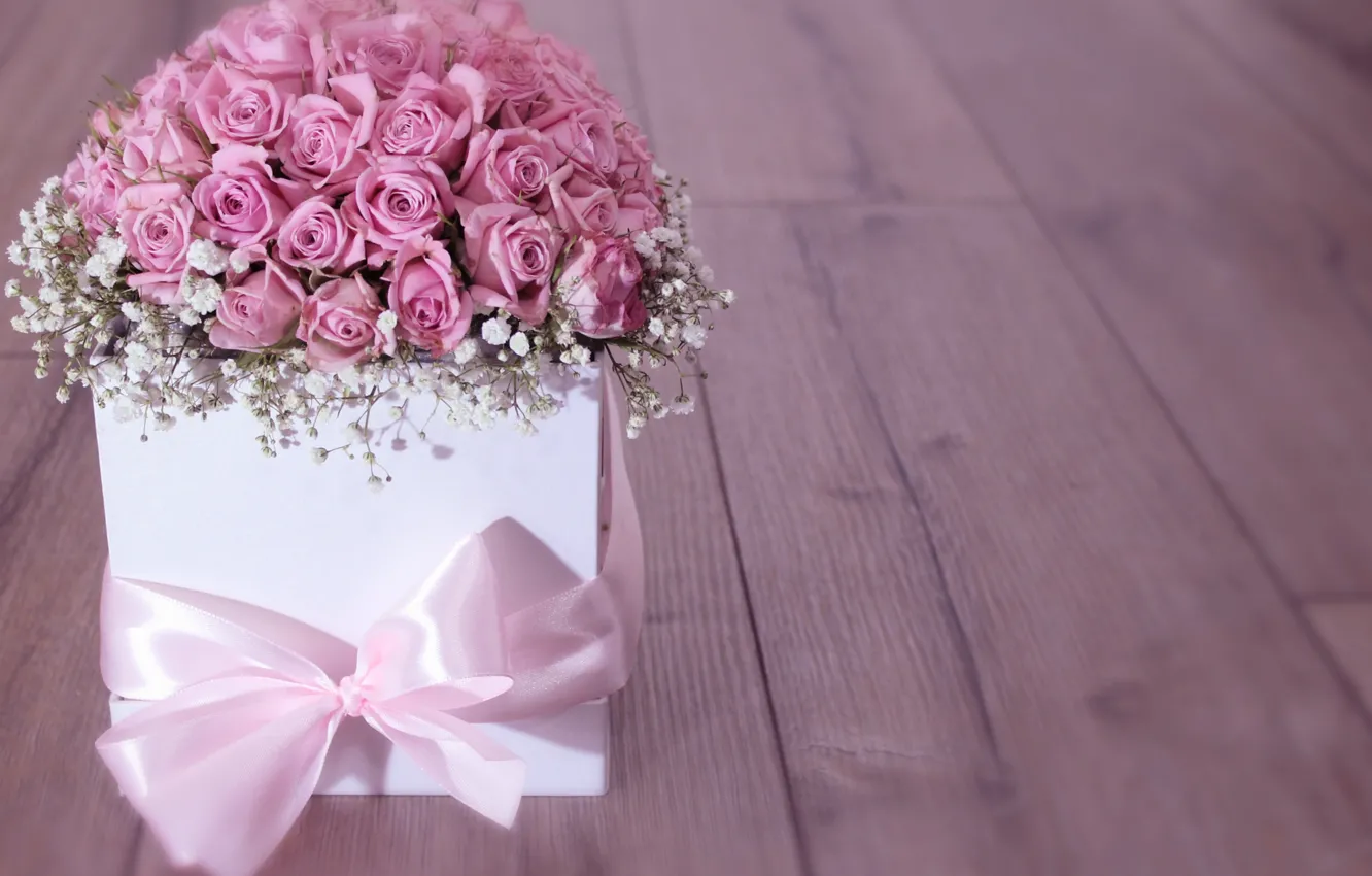 Photo wallpaper box, gift, roses, bouquet, tape, flower, wood, pink