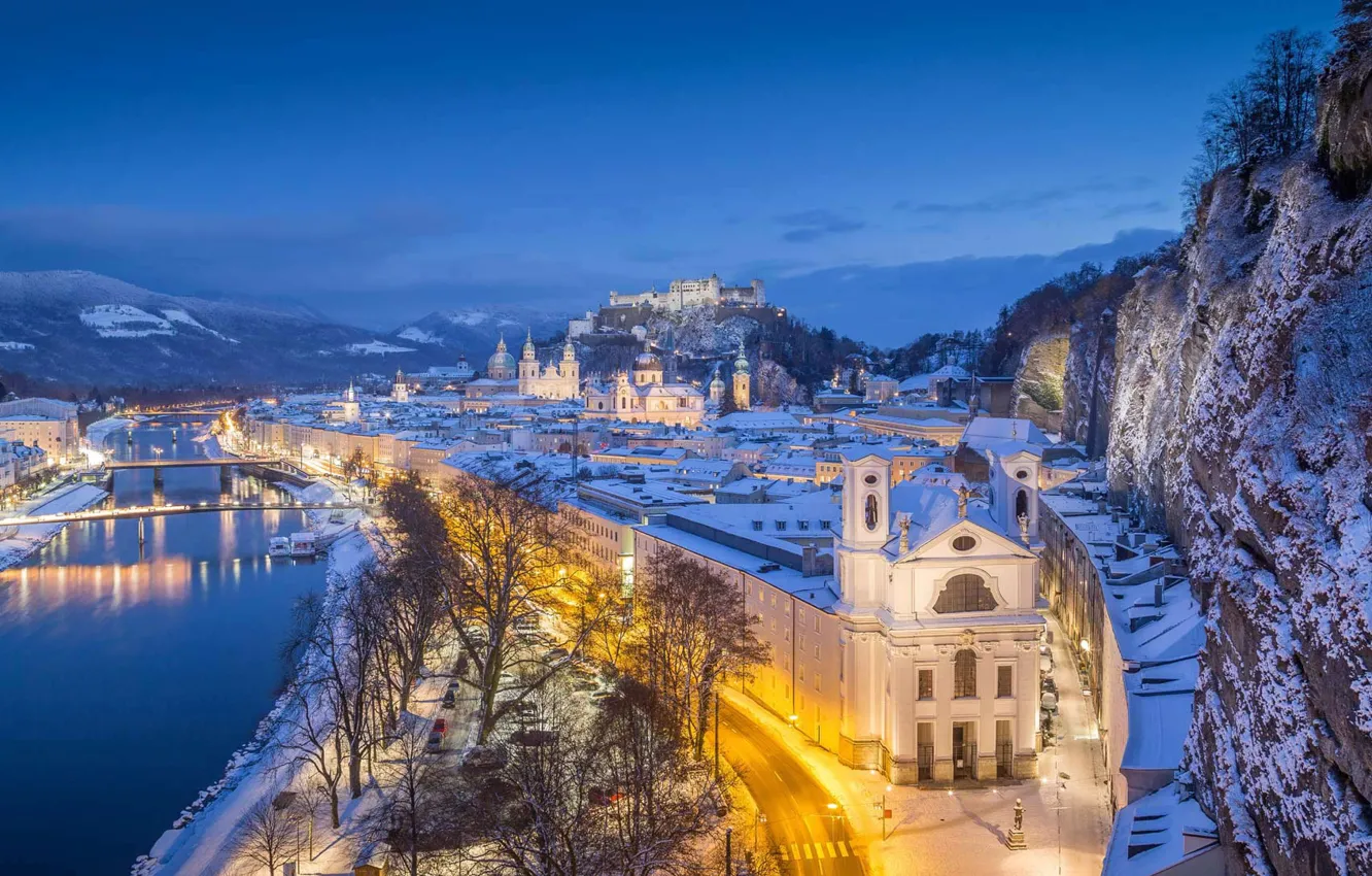 Photo wallpaper winter, lights, rock, river, castle, mountain, home, Austria