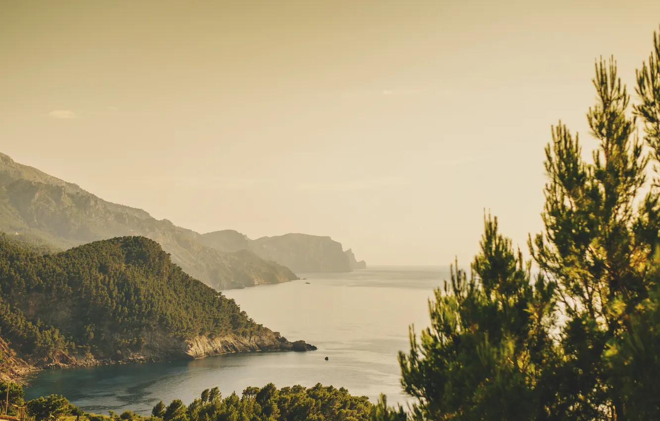 Photo wallpaper sea, water, hills, horizon